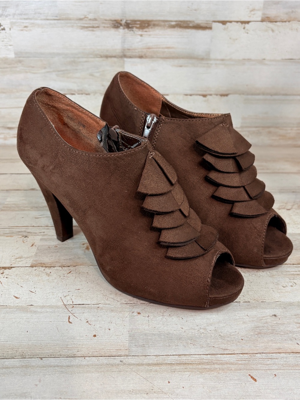 Lane Bryant Shoes Womens 10W Brown Side Zip High Heels Peep Toe Booties Preppy